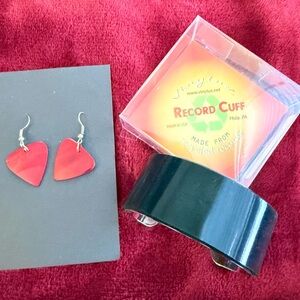 NWT Recycled Vinyl Cuff Bracelet and Guitar Pick Earrings